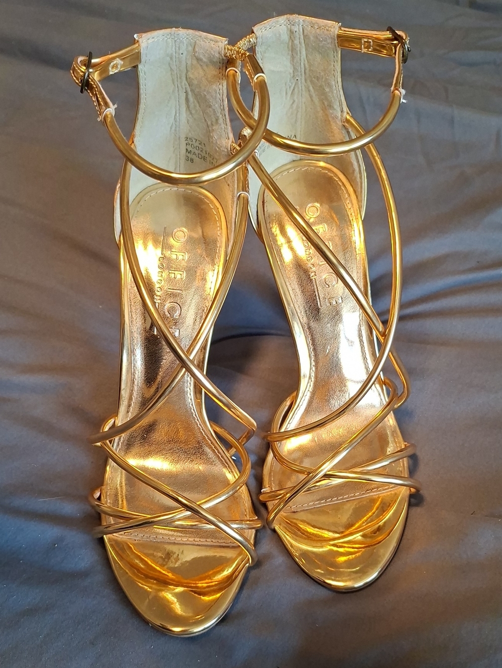 Office London Metallic Gold Strappy High Heel Sandals
